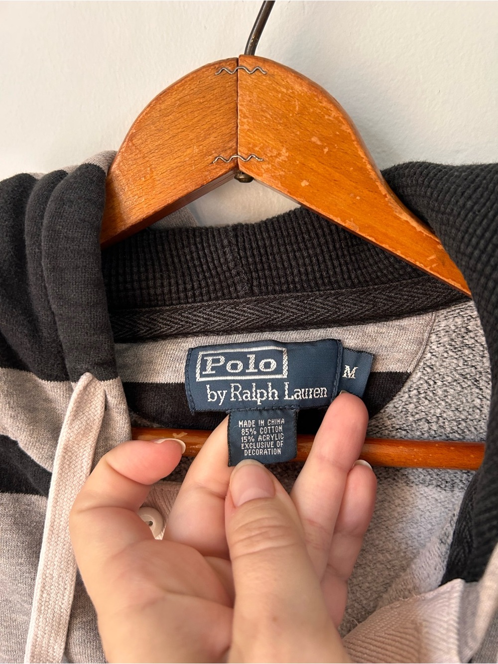 Vintage Polo Ralph Lauren Rugby Hoodie Mens M Black Gray Striped Long Sleeve - Picture 7 of 13